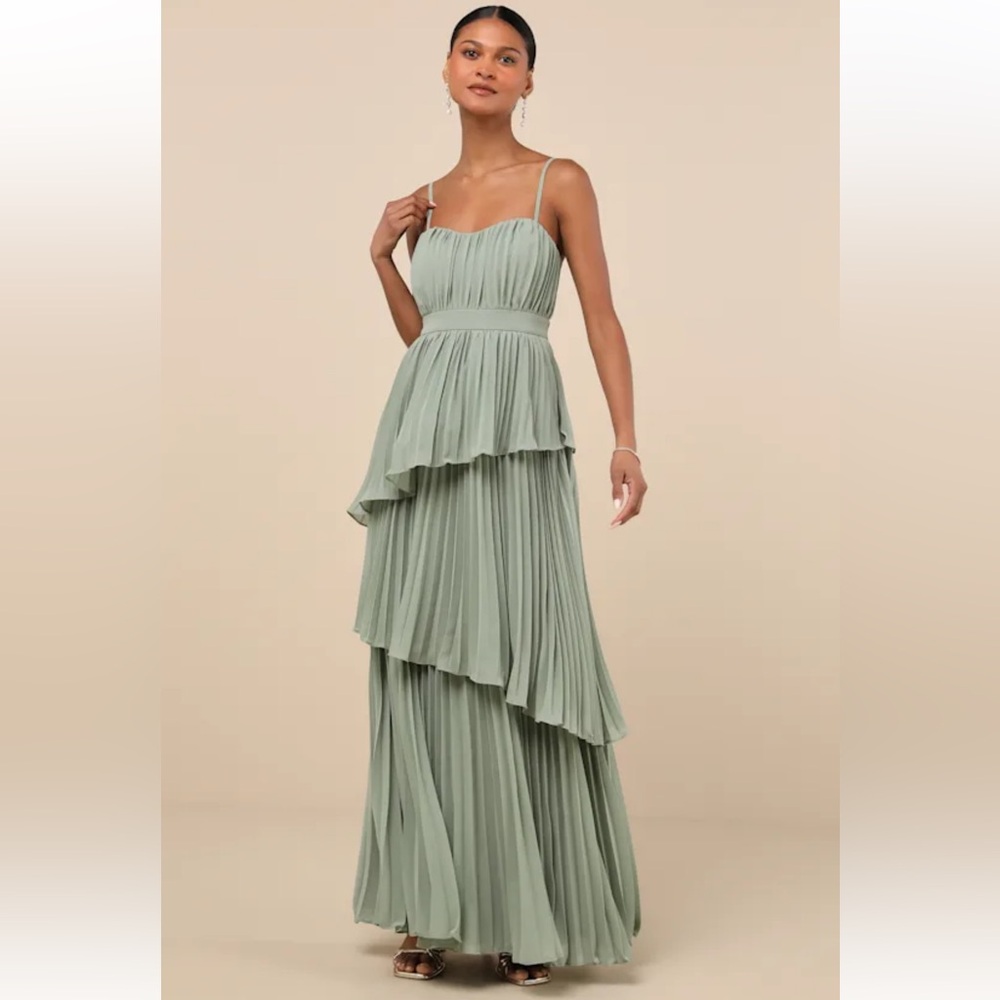 Lulu's Sage Green Asymmetrical Tiered Pleated Maxi Dress